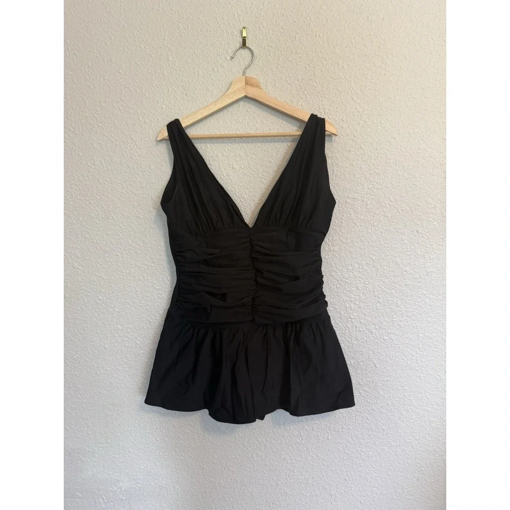 Shape FX One piece Swimsuit Skirt Plus Size 18 Black Tummy Control Rouche V Neck